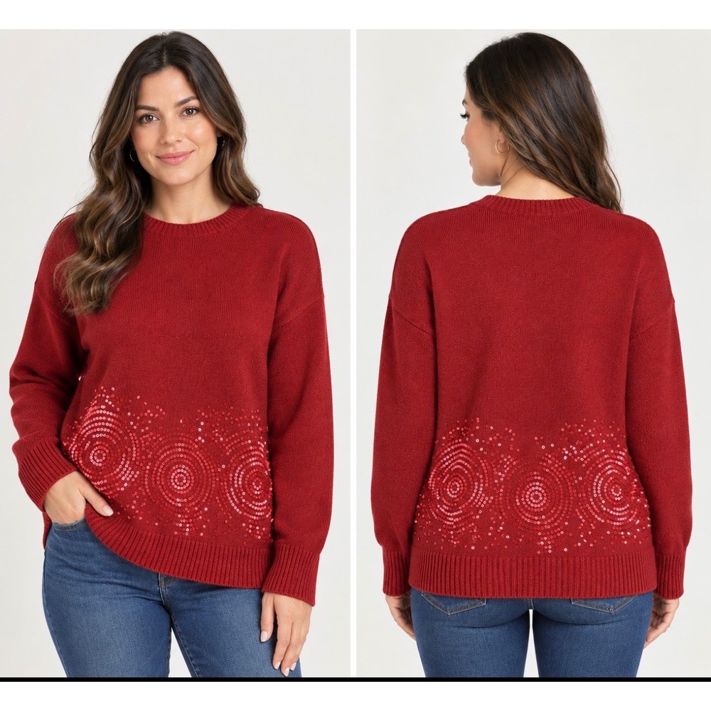 MarlaWynne Wynne Collection Red Sequin Spiral Knit Sweater Medium Maroon Crew
